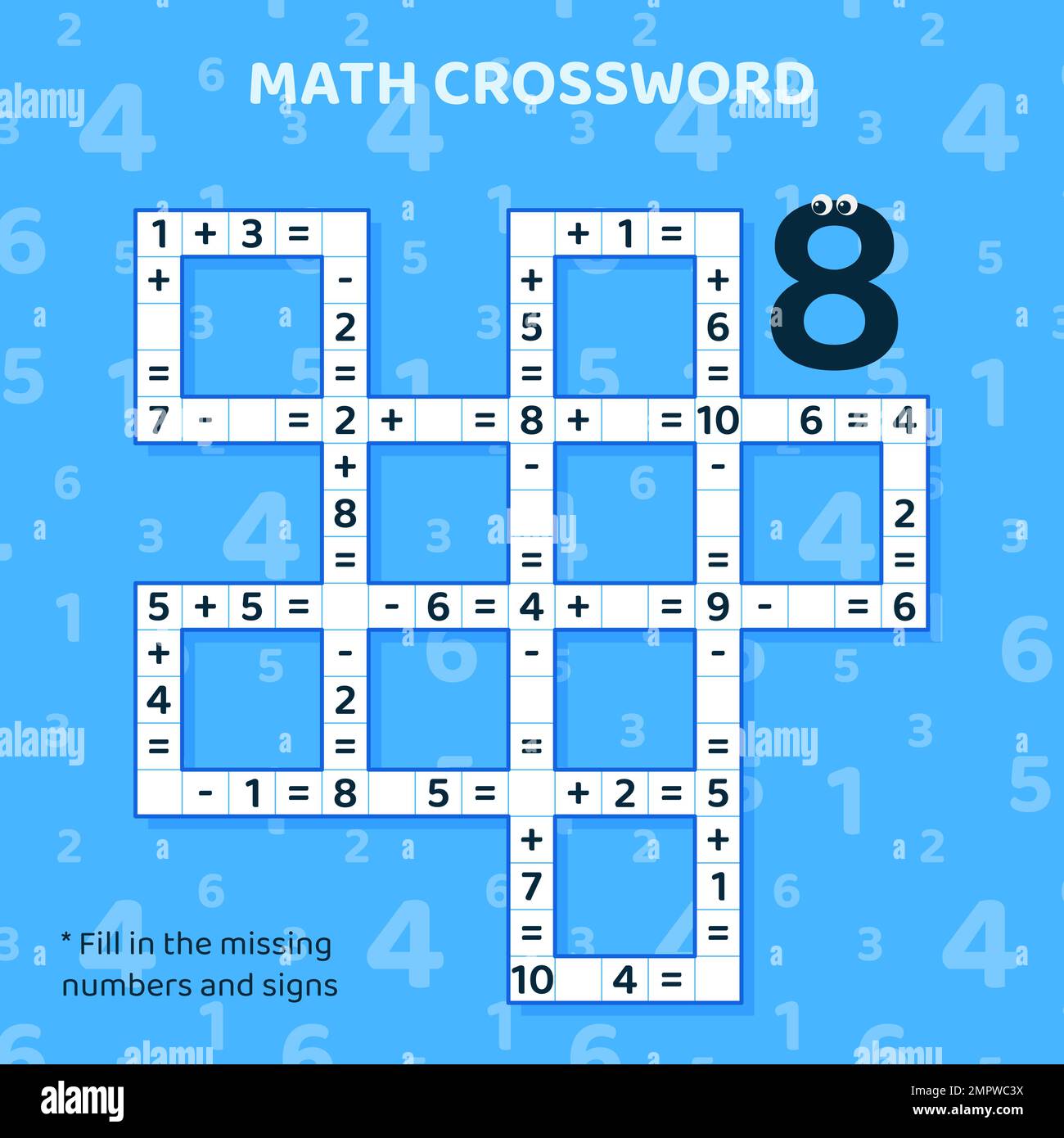 Math Crossword puzzle per bambini. Aggiunta e sottrazione. Illustrazione Vettoriale