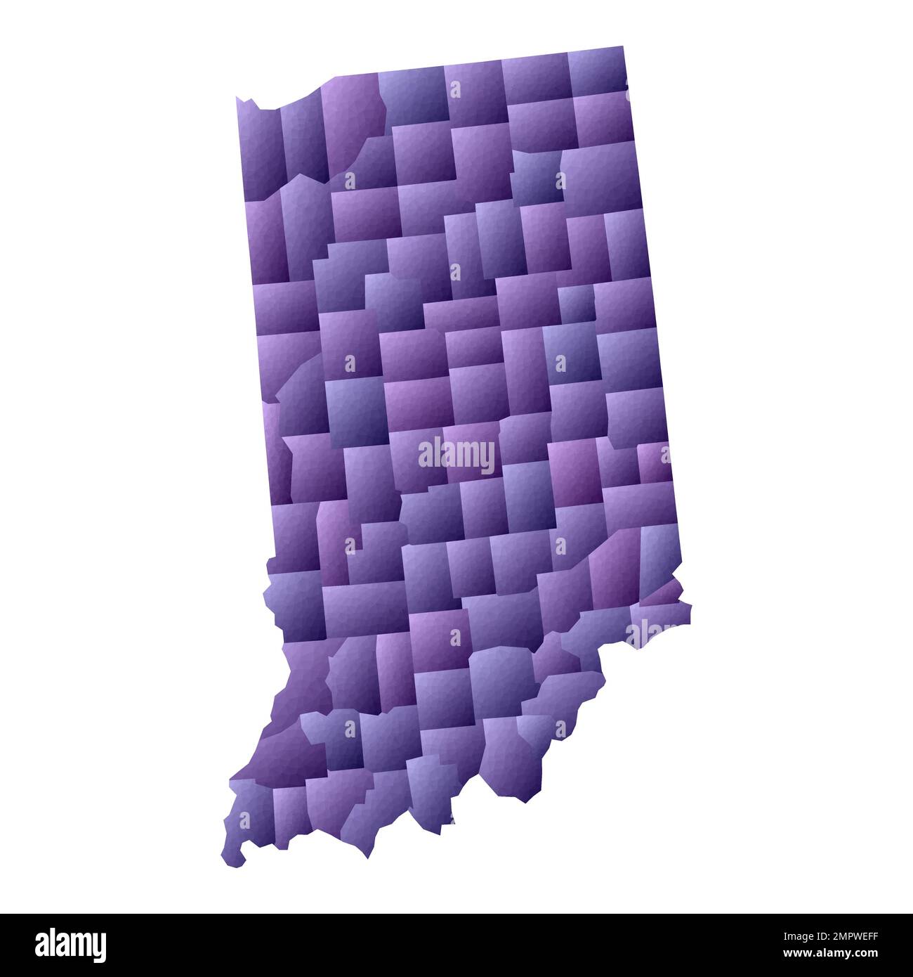 Mappa dell'Indiana. Stile geometrico contorno dello stato degli Stati Uniti con le contee. Splendida illustrazione vettoriale viola. Illustrazione Vettoriale