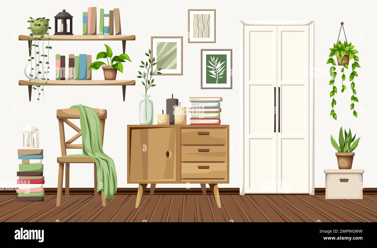 Camera scandinava interna con una porta bianca, un comò, una sedia, e molti libri e piante di casa. Illustrazione del vettore cartoon Illustrazione Vettoriale