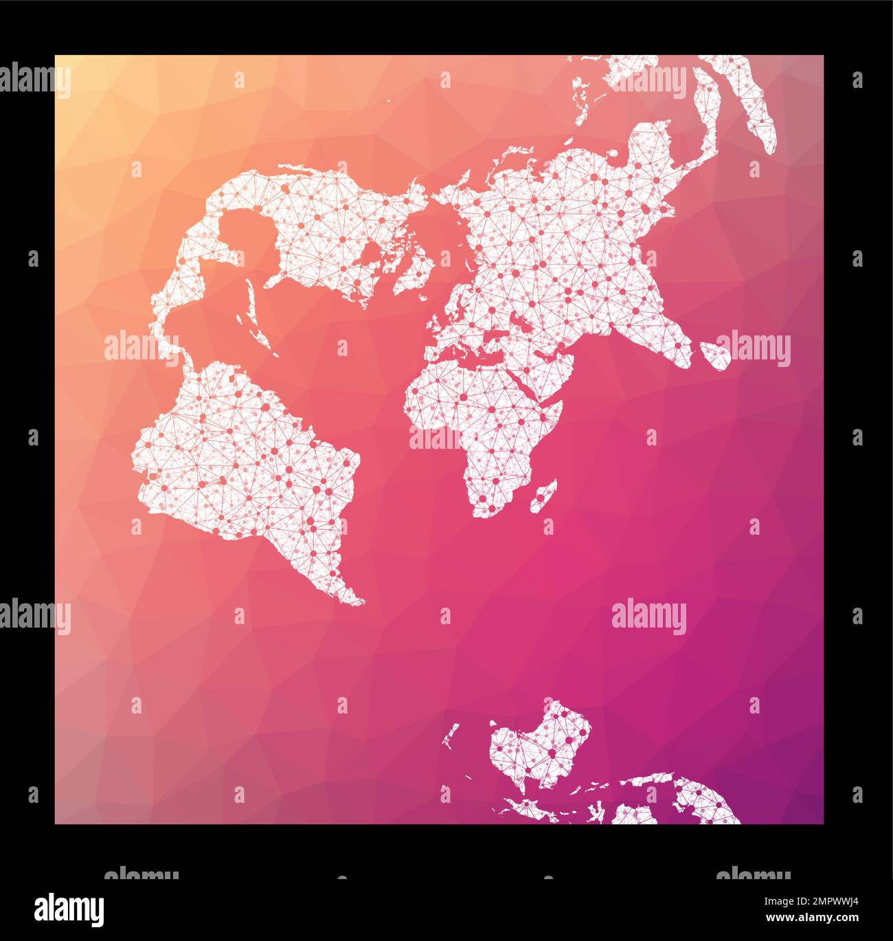 Mappa della rete mondiale. Proiezione sferica trasversale di Mercatore. Globo cablato in proiezione trasversale Mercatore su sfondo geometrico a basso contenuto di poli. Illustrazione Vettoriale