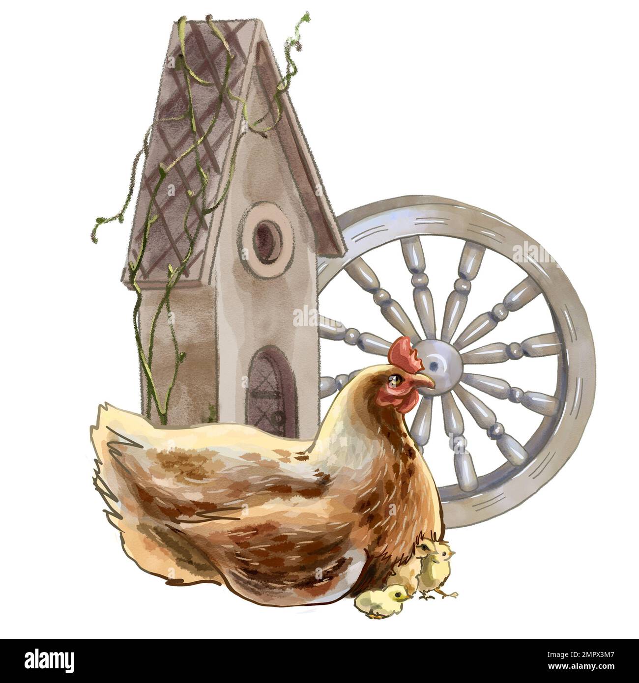Illustrazione a colori Fattoria con polli. Illustrazione di alta qualità Foto Stock