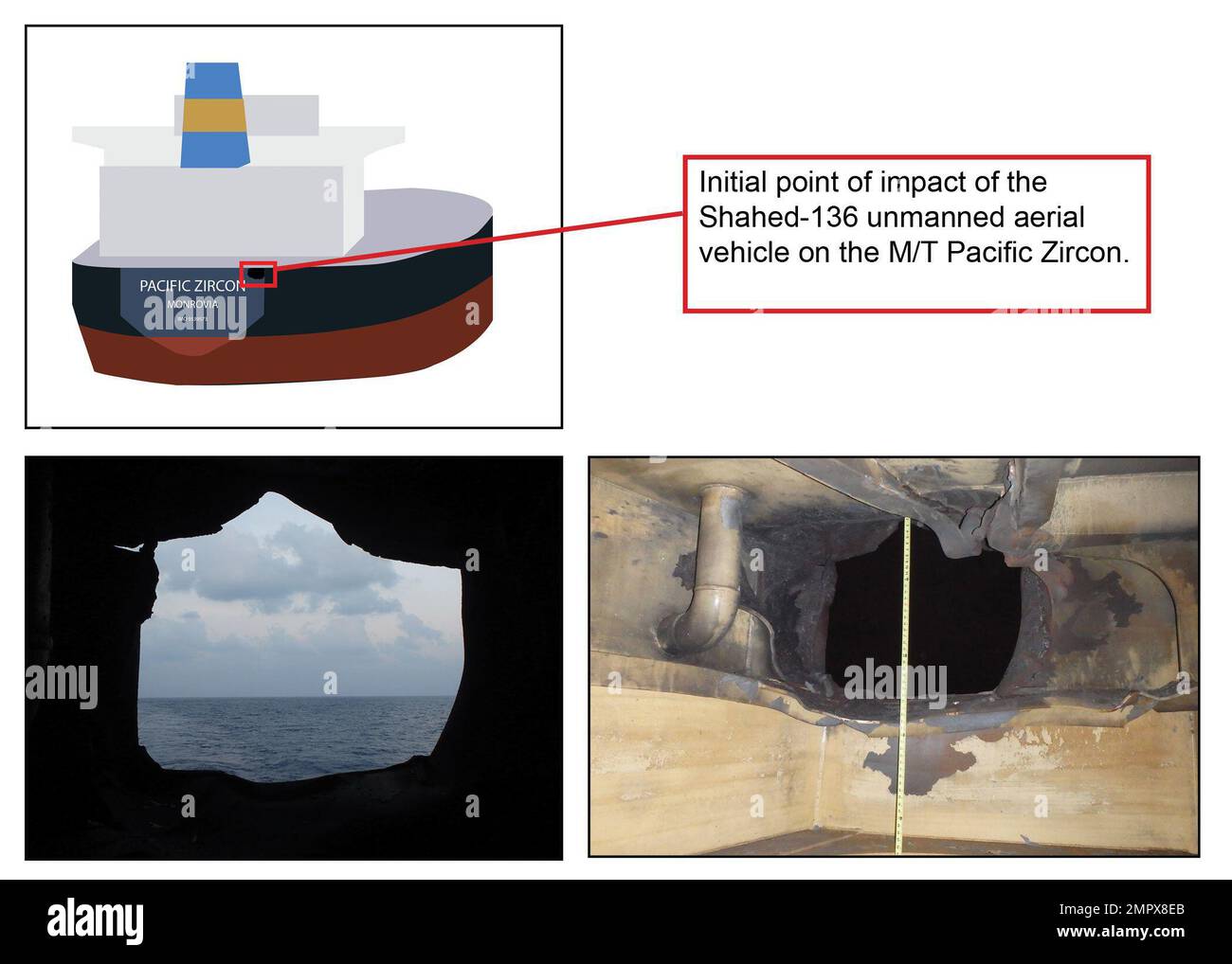 221122-N-NO146-1001 MANAMA, Bahrain (22 novembre 2022) Illustrazione grafica e immagini catturate da un statunitense Navy squadra di smaltimento di ordigni esplosivi a bordo di M/T Pacific Zircon, novembre 16, che mostra il luogo in cui un veicolo aereo senza equipaggio (UAV) prodotto in Iran penetrava nello scafo esterno di M/T Pacific Zircon durante un attacco del 15 novembre. L'attacco UAV unidirezionale ha perforato un foro largo 30 cm nello scafo esterno sul lato destro della poppa della nave, appena sotto il ponte principale. (STATI UNITI Grafica Navy) Foto Stock 221122-N-NO146-1001 MANAMA, Bahrain (22 novembre 2022) Illustrazione grafica e immagini catturate da un statunitense Navy squadra di smaltimento di ordigni esplosivi a bordo di M/T Pacific Zircon, novembre 16, che mostra il luogo in cui un veicolo aereo senza equipaggio (UAV) prodotto in Iran penetrava nello scafo esterno di M/T Pacific Zircon durante un attacco del 15 novembre. L'attacco UAV unidirezionale ha perforato un foro largo 30 cm nello scafo esterno sul lato destro della poppa della nave, appena sotto il ponte principale. (STATI UNITI Grafica Navy) Foto Stock