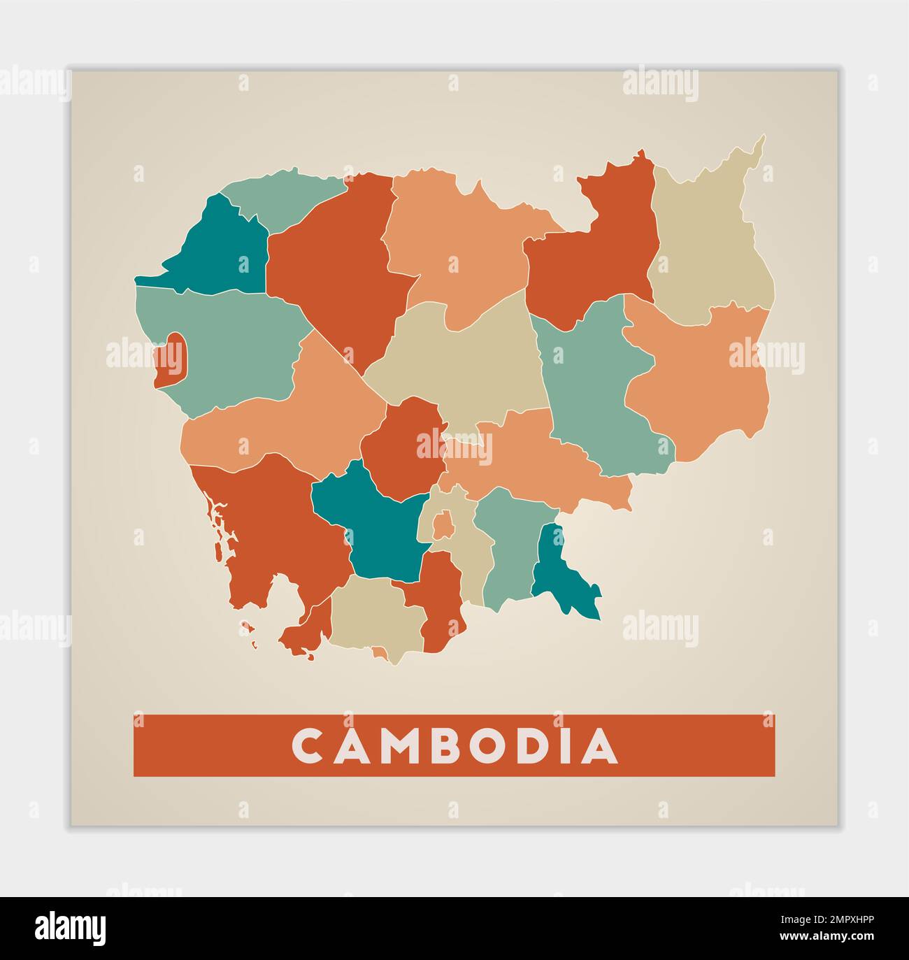 Cambogia poster. Mappa del paese con regioni colorate. Forma della Cambogia con il nome del paese. Illustrazione vettoriale artistica. Illustrazione Vettoriale Cambogia poster. Mappa del paese con regioni colorate. Forma della Cambogia con il nome del paese. Illustrazione vettoriale artistica. Illustrazione Vettoriale