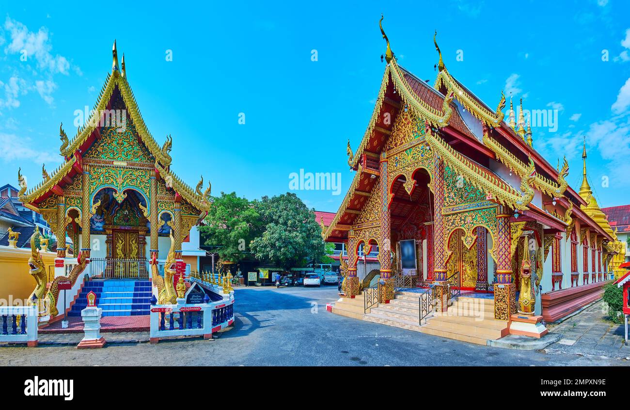 Ubosot e Viharn del tempio ornato di Wat Khuan Khama, Chiang mai, Thailandia Foto Stock