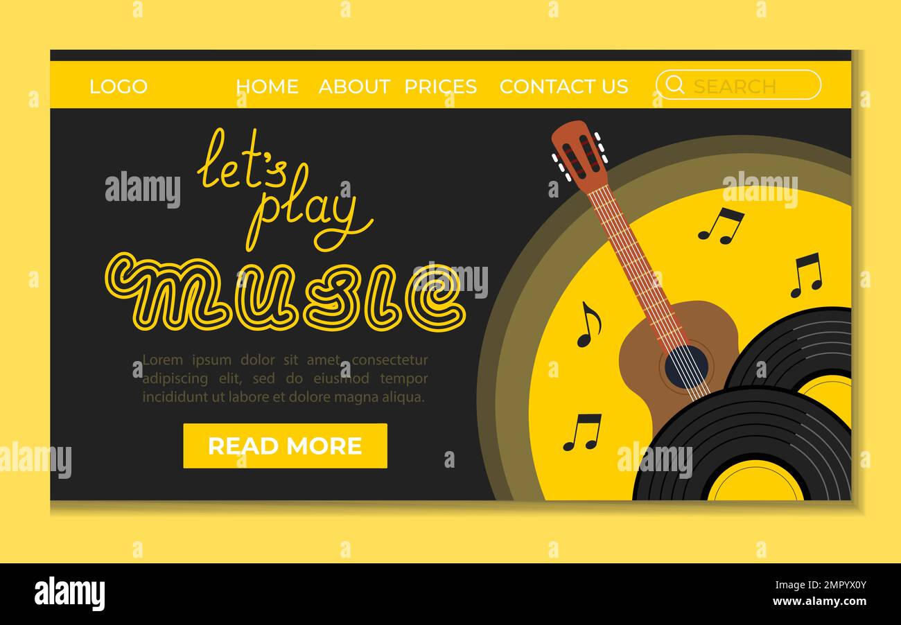 Concept musicale Landing Vinyl Record e chitarra per Web Site Vector Illustration in stile piatto Illustrazione Vettoriale