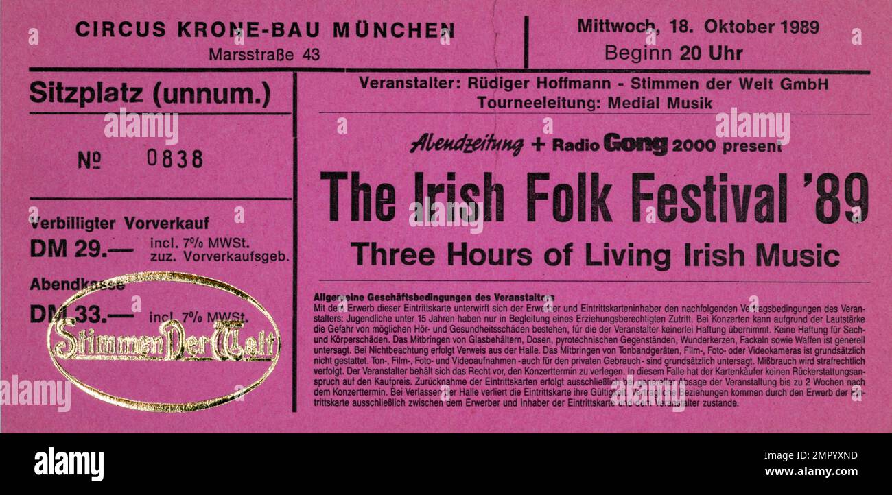 The Irish Folk Festival 89, Circus Krone-Bau , 18 ottobre 1989, Monaco di Baviera, Biglietti per concerti, Cimeli di concerti musicali , Foto Stock