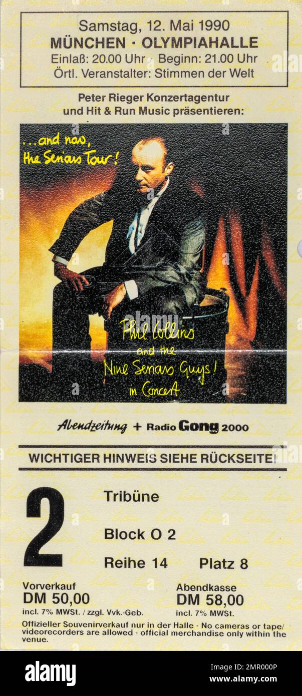 Phil Collins, Olympiahalle, 12 maggio 1990, Monaco di Baviera, biglietti per concerti, Cimeli di concerti musicali , Foto Stock