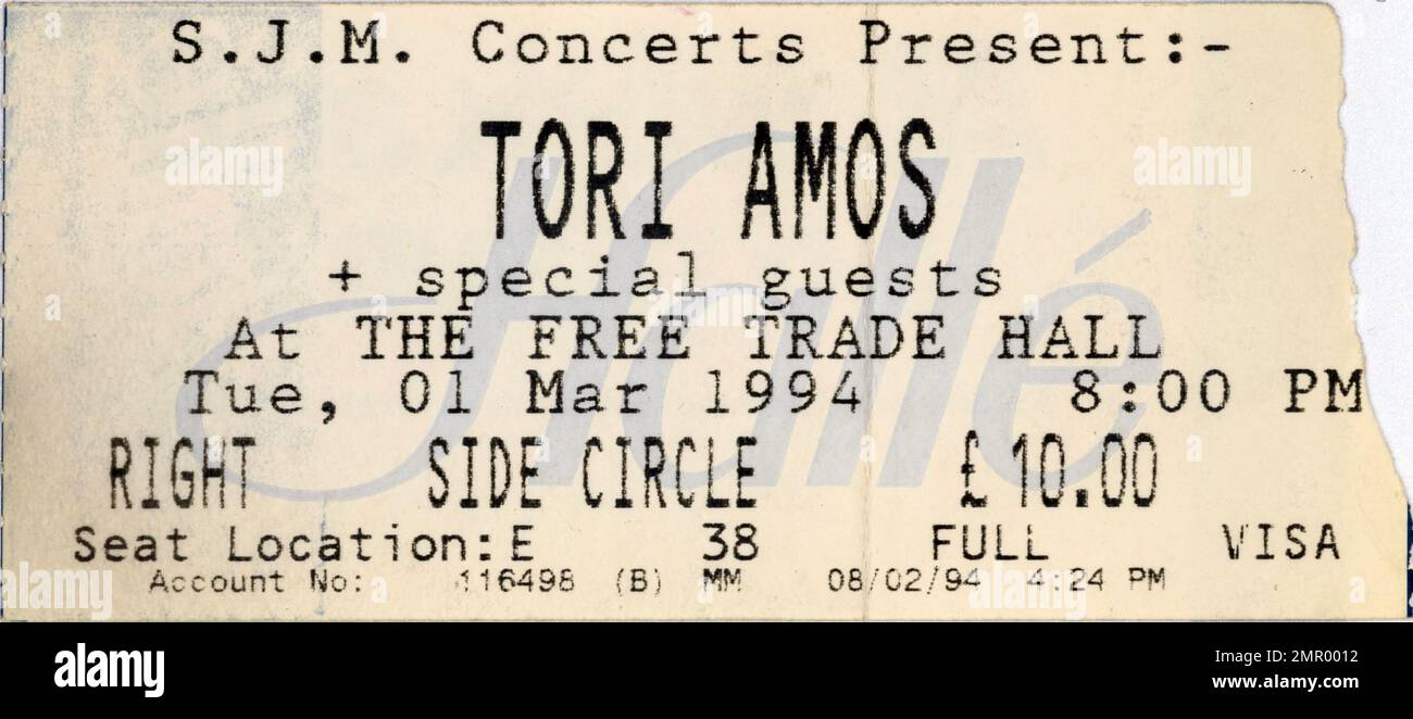 Tori Amos, Free Trade Hall, 1 marzo 1994, stub di biglietti per concerti, memorabilia di concerti musicali , Manchester, Inghilterra, Regno Unito Foto Stock