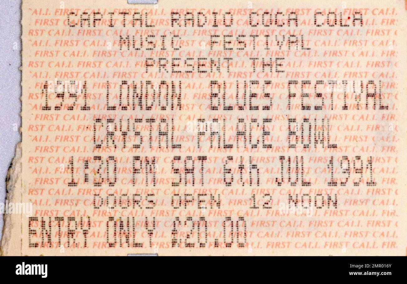 1991 London Blues Festival, Crystal Palace Bowl, biglietti per concerti stub, cimeli di concerti musicali , Foto Stock