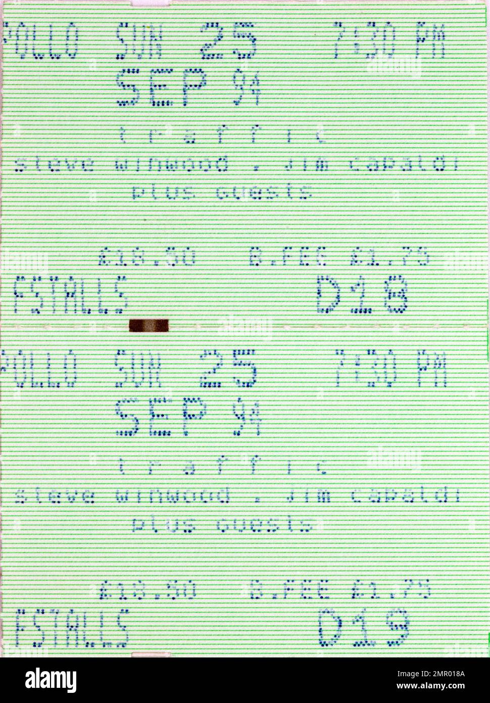 Steve Winwood, Jim Capaldi, 25 settembre 1994, stub di biglietti per concerti, memorabilia di concerti musicali , Manchester, Inghilterra, Regno Unito Foto Stock