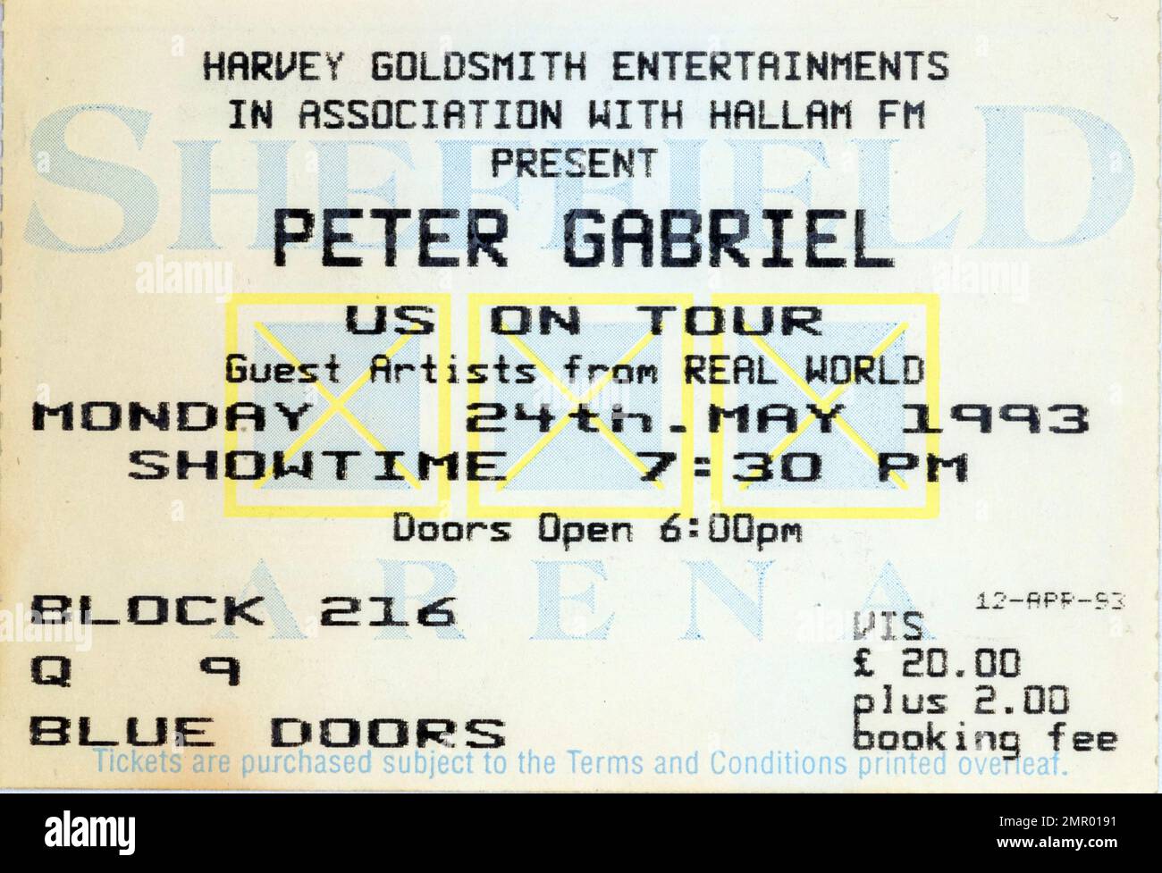 Peter Gabriel, US on Tour, Sheffield, 24 maggio 1993, biglietti per concerti, Cimeli di concerti musicali , Foto Stock