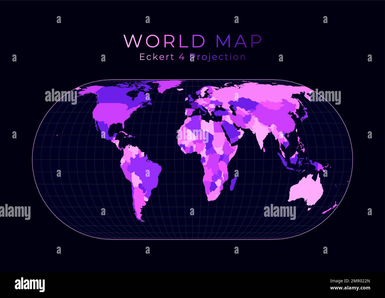 Mappa del mondo. Proiezione Eckert IV. Illustrazione digitale del mondo. Colori al neon rosa brillante su sfondo scuro. Attraente illustrazione vettoriale. Illustrazione Vettoriale