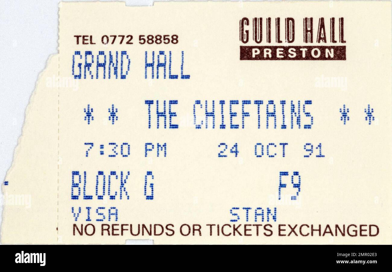 The Chieftains, GuidHall Preston, 24 ottobre 1991, stub di biglietti per concerti, cimeli di concerti musicali , Foto Stock