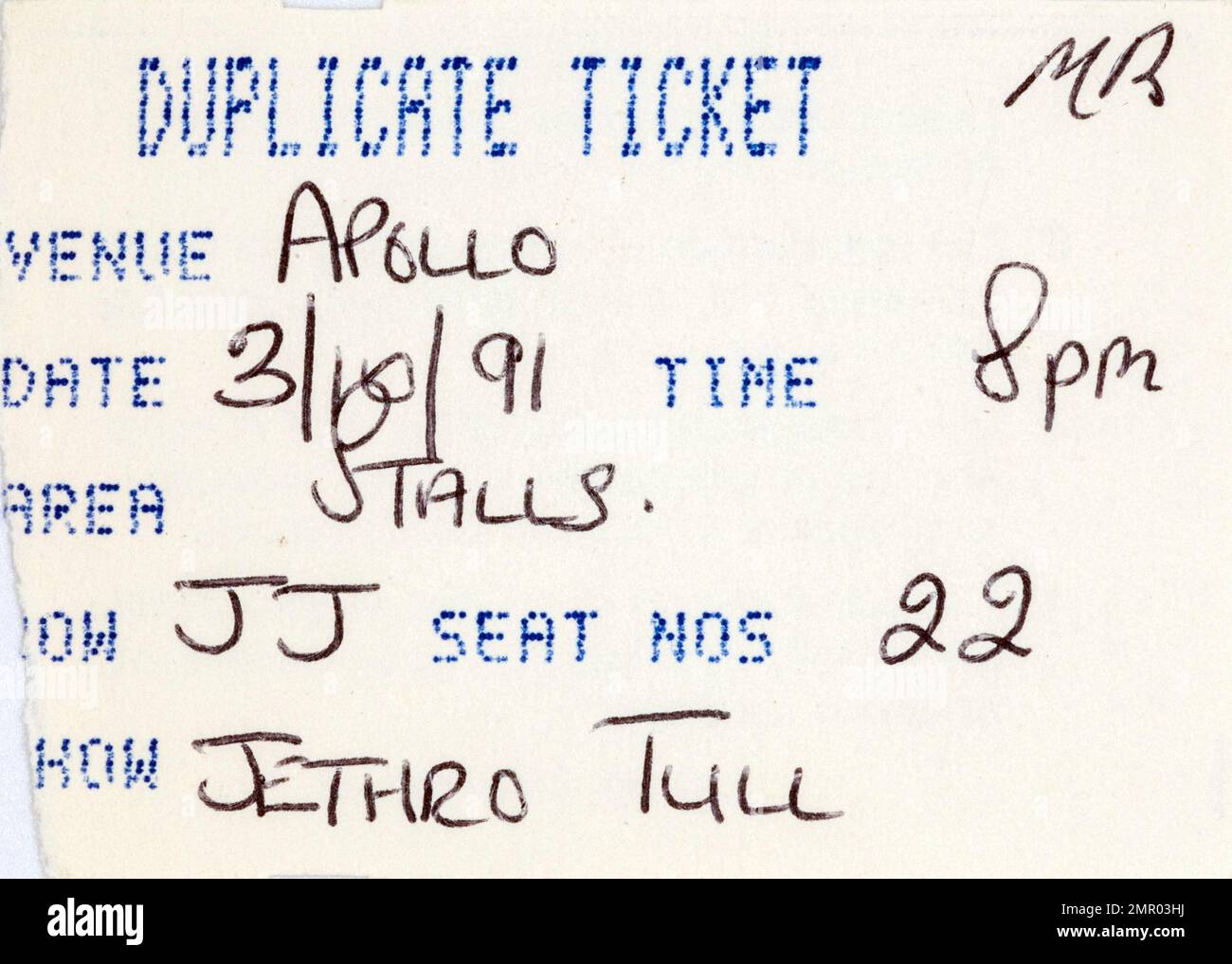 Biglietto duplicato, Jethro Tull, 3 ottobre 1991, stub di biglietti per concerti, memorabilia di concerti di musica, Manchester, Inghilterra, Regno Unito Foto Stock
