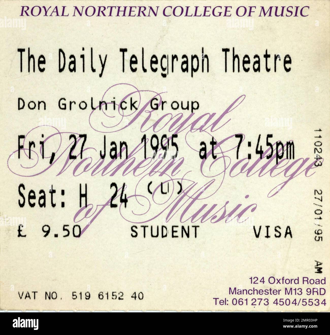 Don Grolnick Group, 27 gennaio 1995, Manchester, Biglietti per concerti, Memorabilia di concerti musicali , Foto Stock