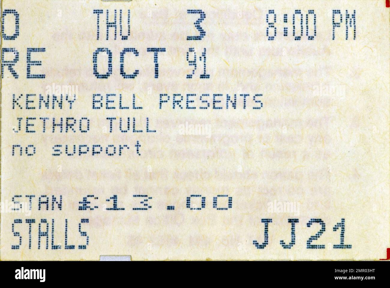Jethro Tull, 3 ottobre 1991, stub di biglietti per concerti, cimeli di concerti musicali , Manchester, Inghilterra, Regno Unito Foto Stock