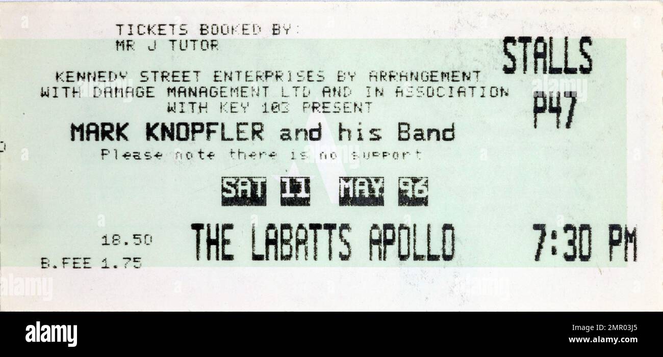 Mark Knopfler e la sua band, stub di biglietti per concerti, cimeli di concerti musicali , Manchester, Inghilterra, Regno Unito Foto Stock