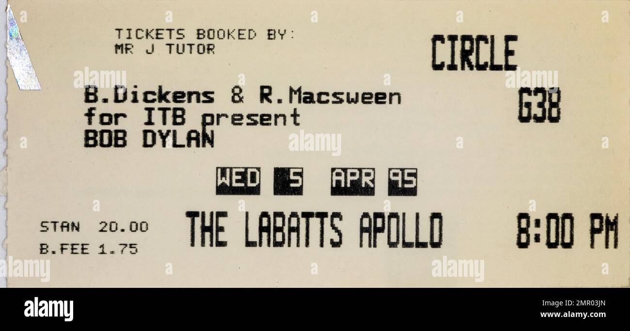 Bob Dylan, Apollo, 5 aprile 1995, stub di biglietti per concerti, Memorabilia di concerti musicali , Manchester, Inghilterra, Regno Unito Foto Stock