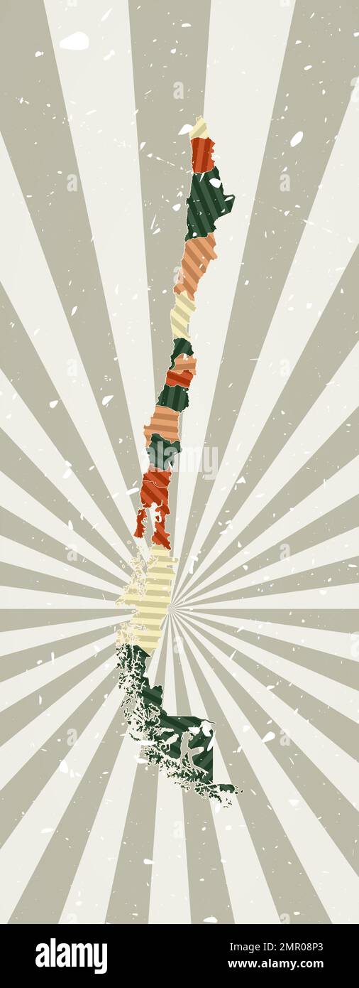 Mappa dell'epoca del Cile. Poster grunge con mappa del paese in tavolozza di colori retrò. Forma del Cile con sfondo di raggi di sole. Illustrazione vettoriale. Illustrazione Vettoriale