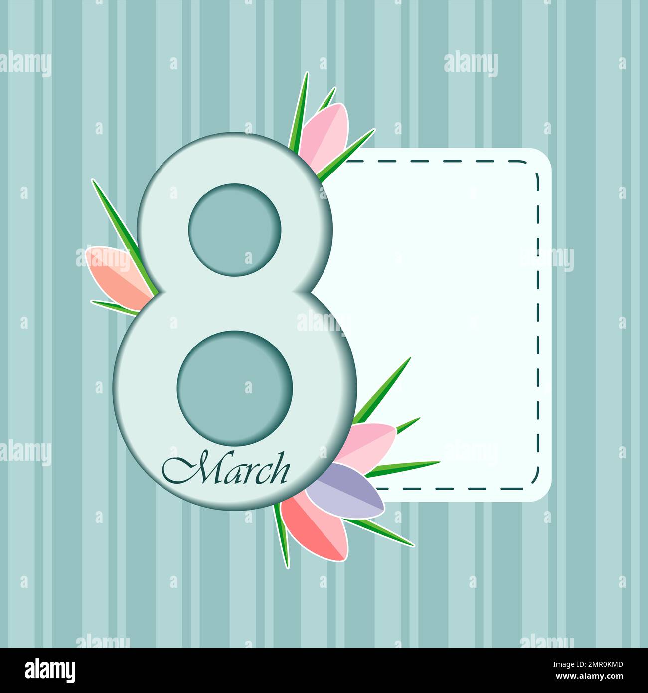 Modello per la Giornata Mondiale della Donna turchese con una striscia verticale con uno spazio per le note e il numero otto. Tulipani multicolore in stile carta. Vect Illustrazione Vettoriale