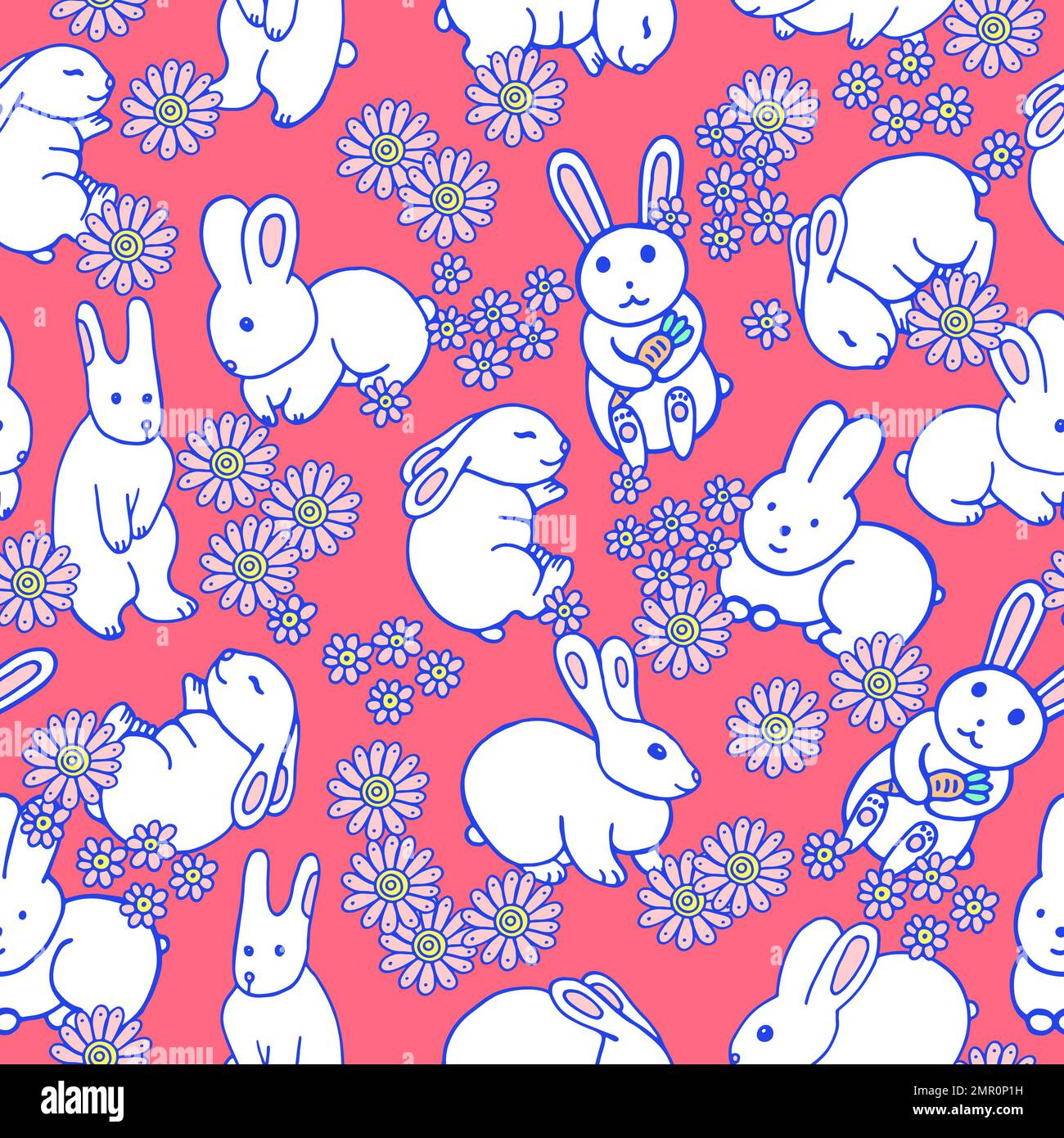 Conigli bianchi - modello senza cuciture con simbolo di 2023 anno. Nuovo anno zodiacale. Doodle animali cartoonish. Tessuto e design tessile Illustrazione Vettoriale