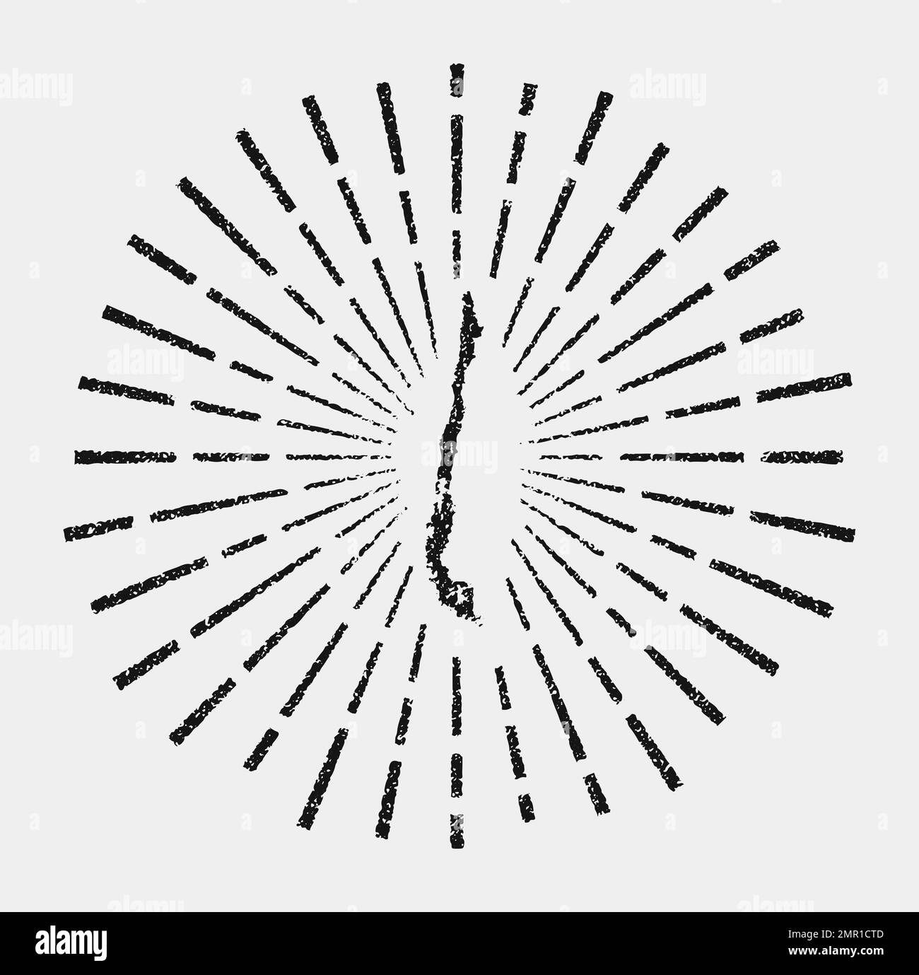 Mappa d'epoca del Cile. Il sole grunge scoppiò in tutto il paese. A forma di Cile nero con raggi solari su sfondo bianco. Illustrazione vettoriale. Illustrazione Vettoriale