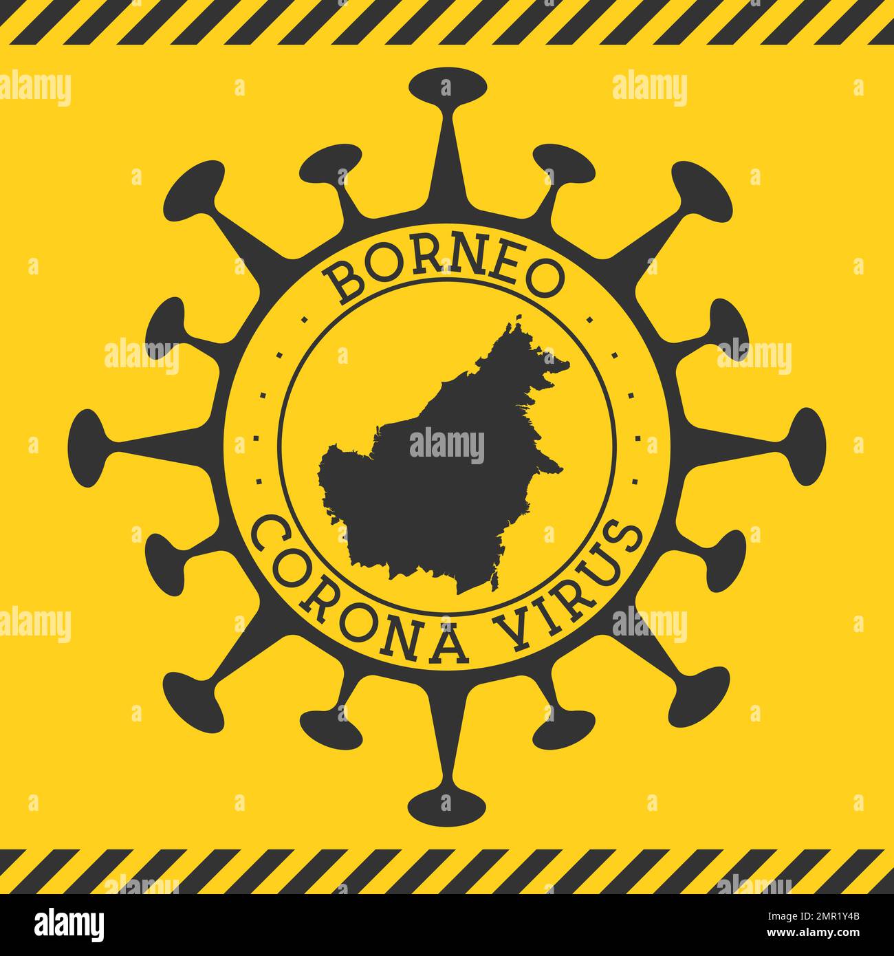 Virus Corona in segno Borneo. Badge rotondo con forma di virus e mappa Borneo. Il bollo giallo dell'epidemia dell'isola. Illustrazione vettoriale. Illustrazione Vettoriale