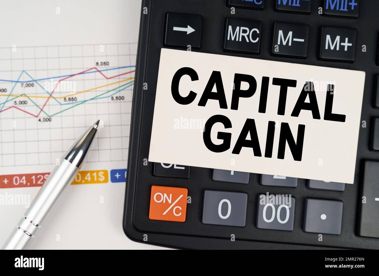 Concetto aziendale. Sul business chart si trova una penna, una calcolatrice e un biglietto da visita con l'iscrizione - guadagno di capitale Foto Stock