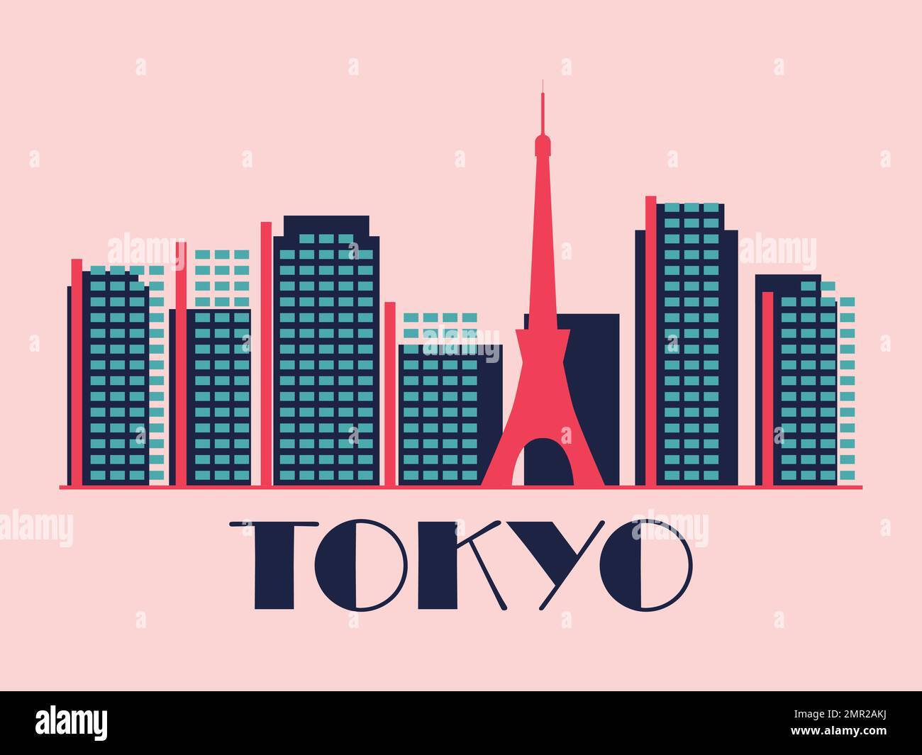 Panorama di Tokyo in stile vintage. Bandiera retrò della città di Tokyo con grattacieli in stile lineare. Design per stampa, poster e materiale promozionale. Ci Illustrazione Vettoriale