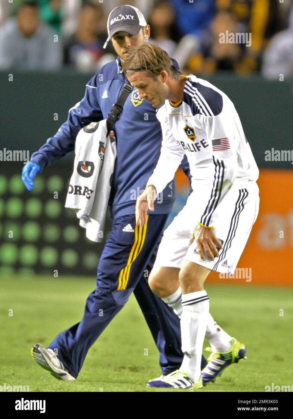 David Beckham e il suo L.A. Il team Galaxy ha sconfitto i New York Red Bulls, 2-1 anni, in un Home Depot Center esaurito, spazzando via la serie di playoff a due gambe e avanzando alla finale della Western Conference di domenica contro il team di Real Salt Lake. Beckham ha giocato un gioco attivo e ispirato ma si è scontrato con Dane Richards di New York che si è presentato per un titolo verso la fine della metà e apparso un po' disorientato prima di essere aiutato fuori dal campo. Dopo aver ricevuto alcune cure mediche, Beckham ha corso di nuovo in azione e dopo pochi minuti ha contribuito a impostare il primo obiettivo della Galassia dando a Magee l'opportunità di guidare duro oltre la g Foto Stock