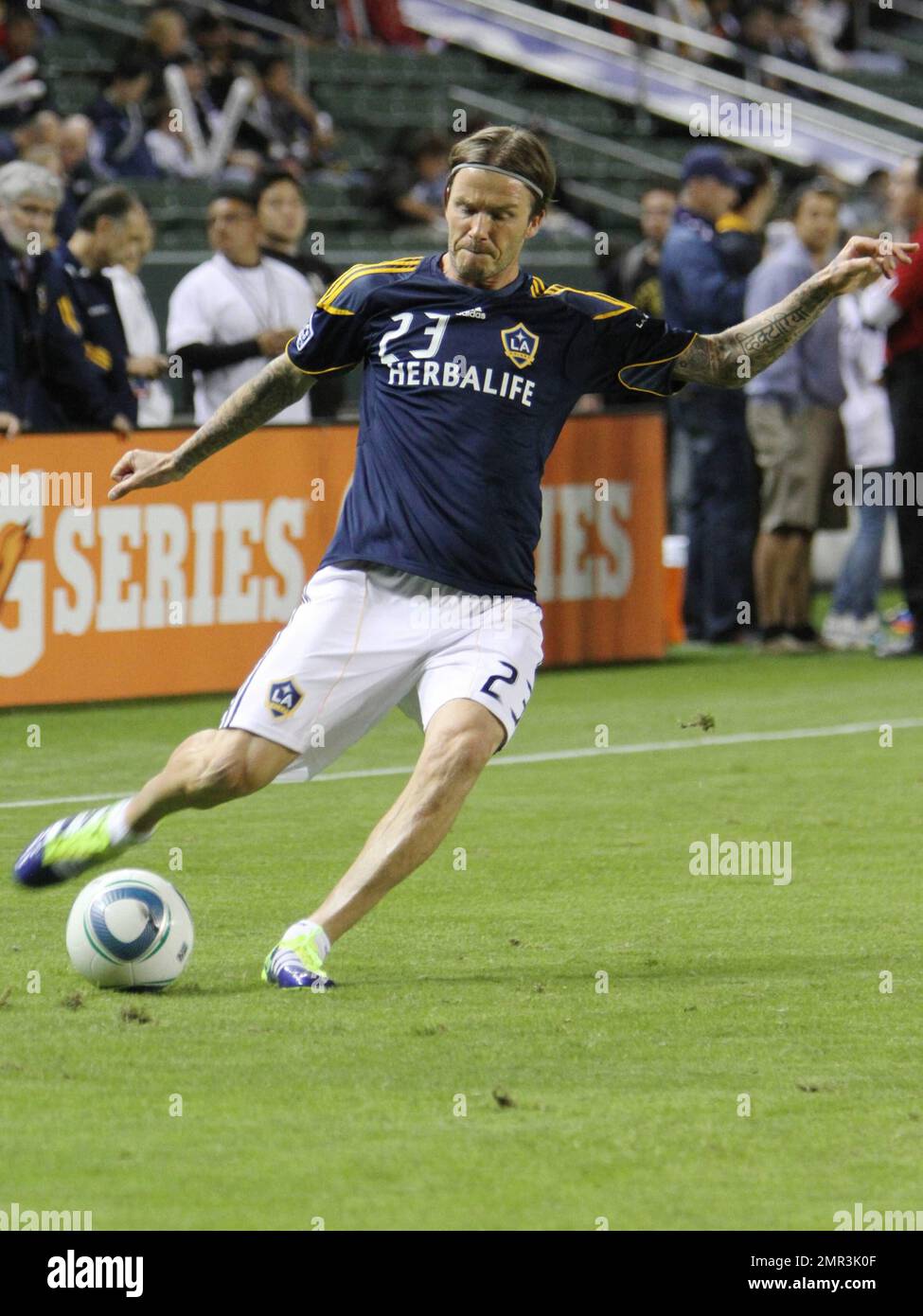 David Beckham e il suo L.A. Il team Galaxy ha sconfitto i New York Red Bulls, 2-1 anni, in un Home Depot Center esaurito, spazzando via la serie di playoff a due gambe e avanzando alla finale della Western Conference di domenica contro il team di Real Salt Lake. Beckham ha giocato un gioco attivo e ispirato ma si è scontrato con Dane Richards di New York che si è presentato per un titolo verso la fine della metà e apparso un po' disorientato prima di essere aiutato fuori dal campo. Dopo aver ricevuto alcune cure mediche, Beckham ha corso di nuovo in azione e dopo pochi minuti ha contribuito a impostare il primo obiettivo della Galassia dando a Magee l'opportunità di guidare duro oltre la g Foto Stock