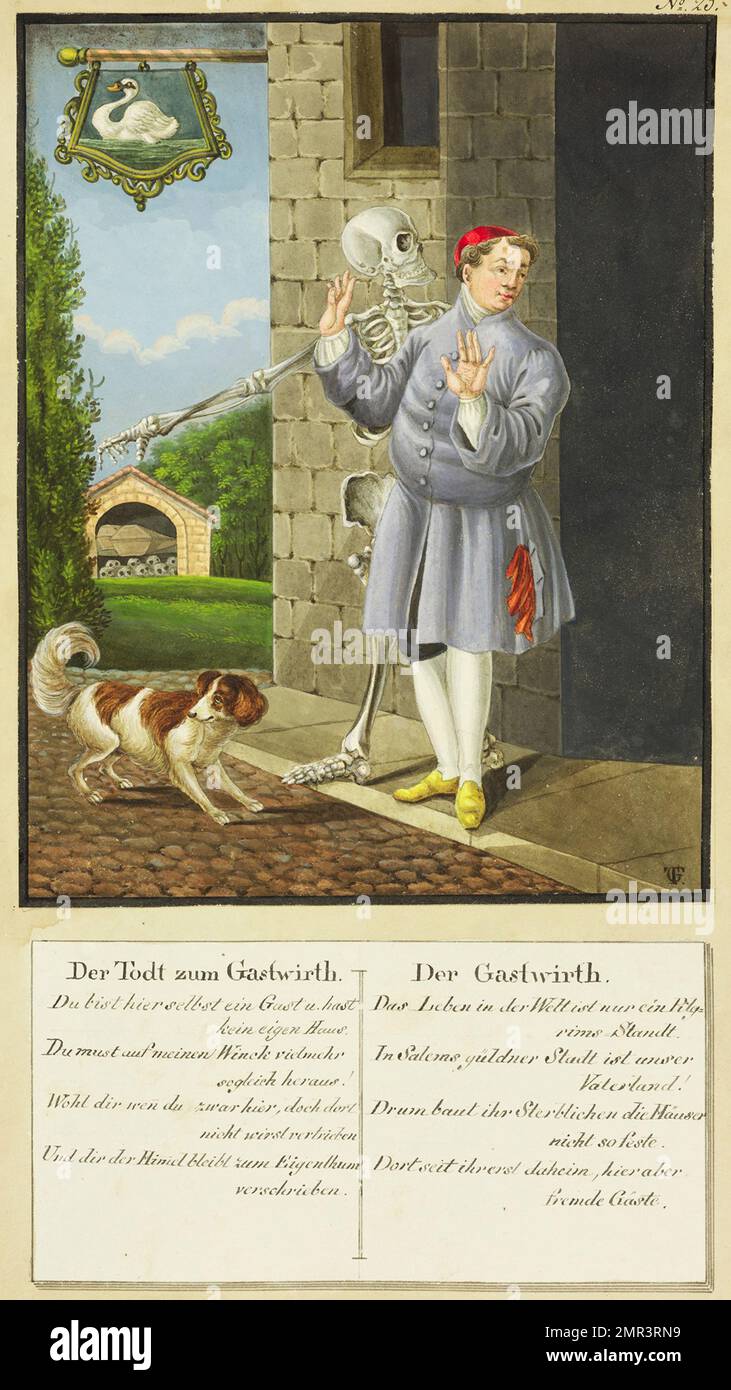 Der Tod kommt zum Gastwirt, Totentanz, danza della morte, Todten-Tantz nach Beck, Nöller u. anderen Malern von Georg Max. Theodor Goetz, Historisch, digital restaurierte Reproduktion von einer Vorlage aus dem 19. Jahrhundert / la morte arriva al guardiano, Totentanz, danza della morte, Todten-Tantz dopo Beck, Nöller u. altri pittori di Georg Max. Theodor Goetz, riproduzione storica, restaurata digitalmente da un originale del 19th ° secolo Foto Stock