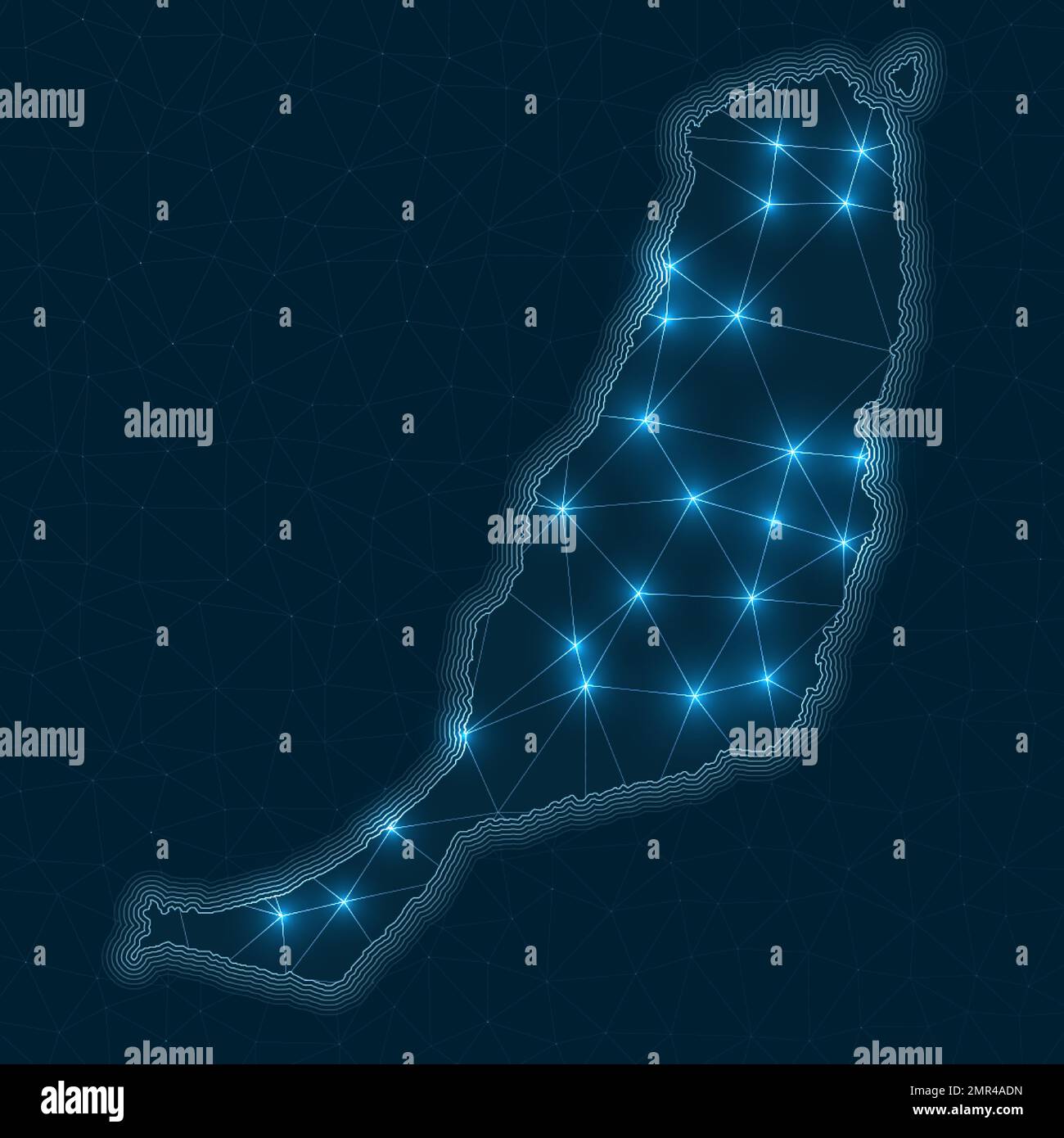 Mappa della rete di Fuerteventura. Mappa geometrica astratta dell'isola. Progettazione di connessioni digitali e telecomunicazioni. Rete Internet luminosa. Illustrazione Vettoriale