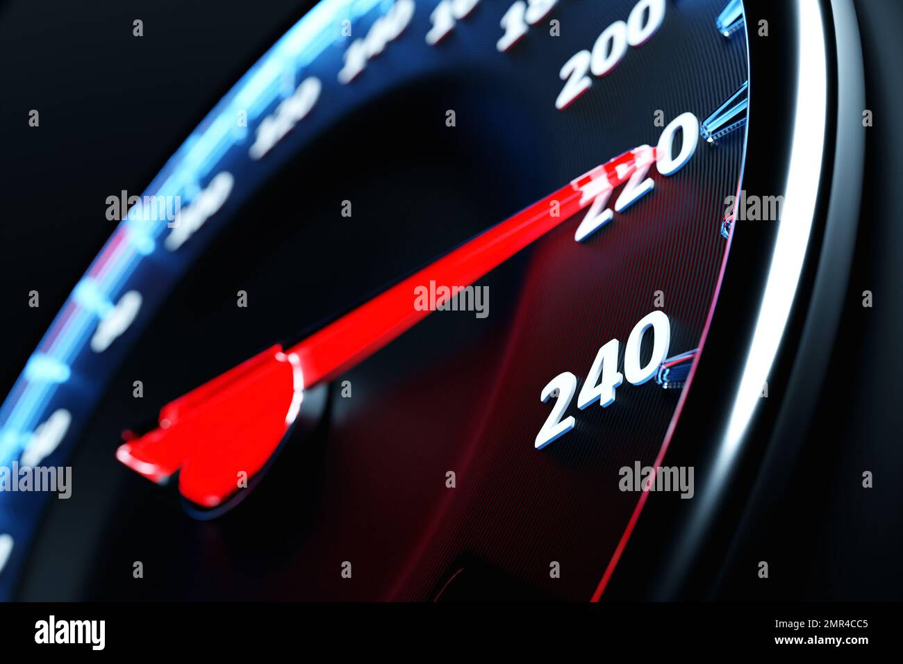 Illustrazione 3D primo piano pannello auto nero, tachimetro luminoso digitale in stile sportivo. L'ago del tachimetro indica una velocità massima di 220 km / h. Foto Stock