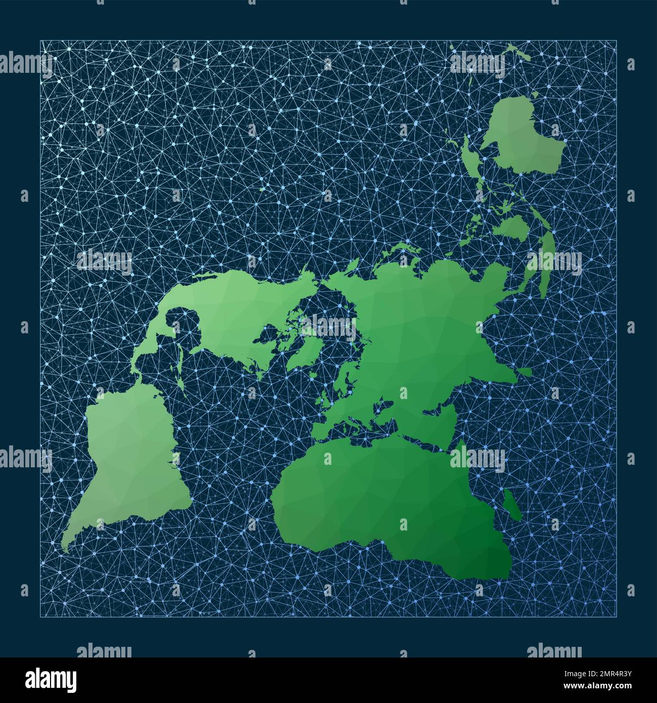 Concetto di business globale su Internet. Proiezione Quincuncial Pierce. Mappa verde a basso contenuto di poli con sfondo di rete. Illustrazione Vettoriale