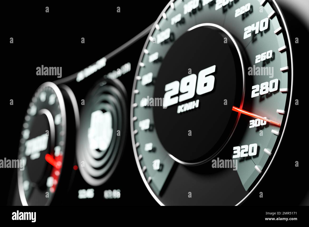 3D illustrazione dei dettagli dell'abitacolo della nuova vettura. Il tachimetro mostra una velocità massima di 296 km h, il contagiri con retroilluminazione blu,rossa. Design e interni Foto Stock
