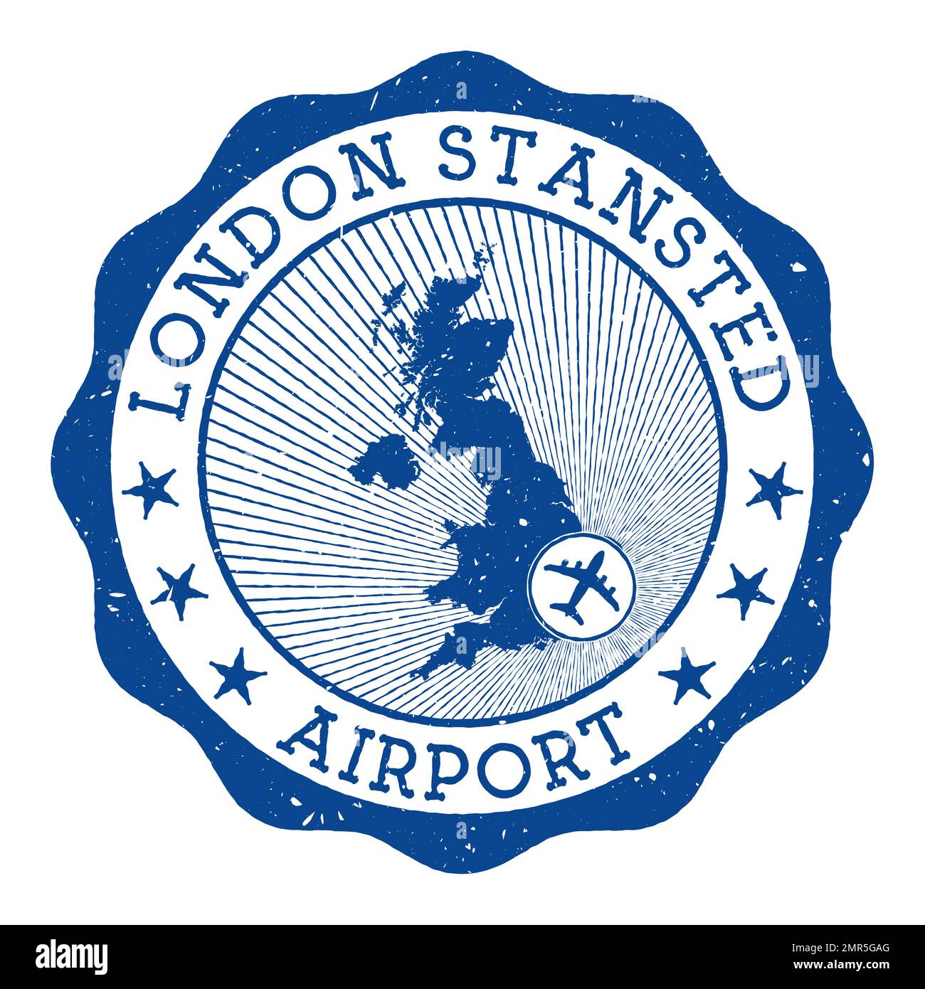 Francobollo dell'aeroporto Stansted di Londra. Logo rotondo dell'aeroporto di Londra con posizione sulla mappa del Regno Unito contrassegnata dall'aereo. Illustrazione vettoriale. Illustrazione Vettoriale