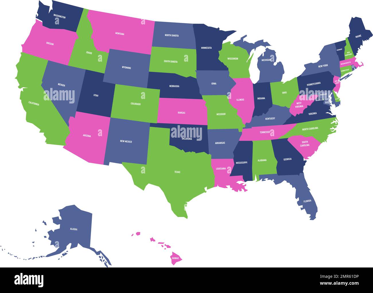Mappa politica degli Stati Uniti d'America, in quattro colori con etichette di stato bianche su sfondo bianco. Illustrazione vettoriale Illustrazione Vettoriale
