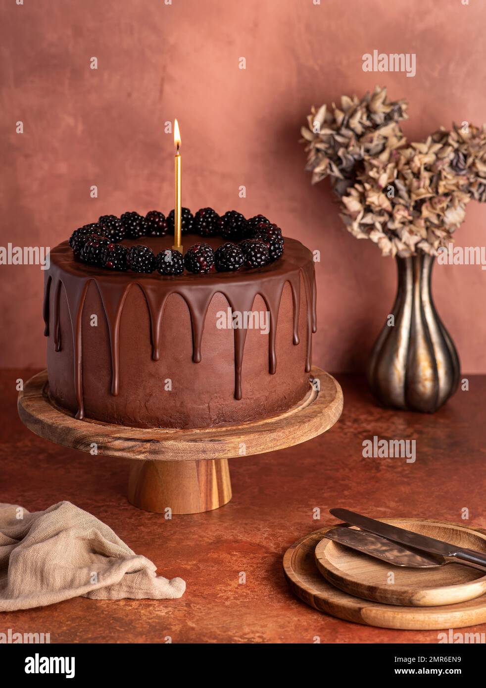 Fotografia alimentare di torta di cioccolato, more, crema, compleanno, decorazione, celebrazione, anniversario, festa Foto Stock