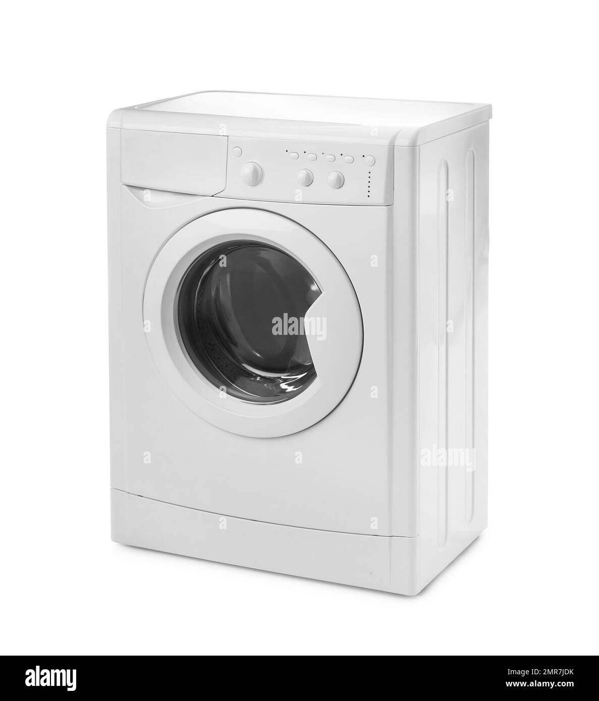 Moderna lavatrice isolata su bianco. Lavanderia giorno Foto Stock