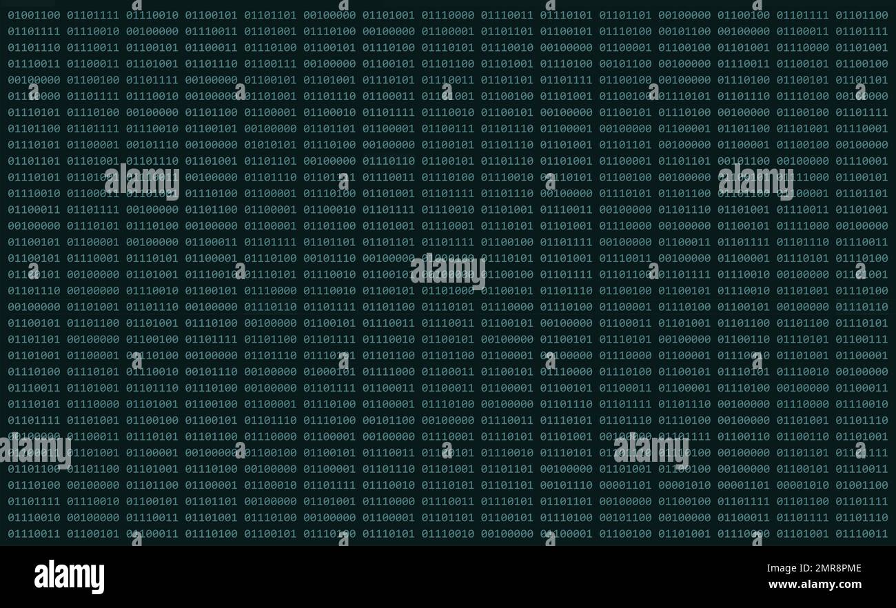 Codice binario del computer di uno e zero visualizzati su uno schermo digitale con colonne e righe di numeri verdi Foto Stock