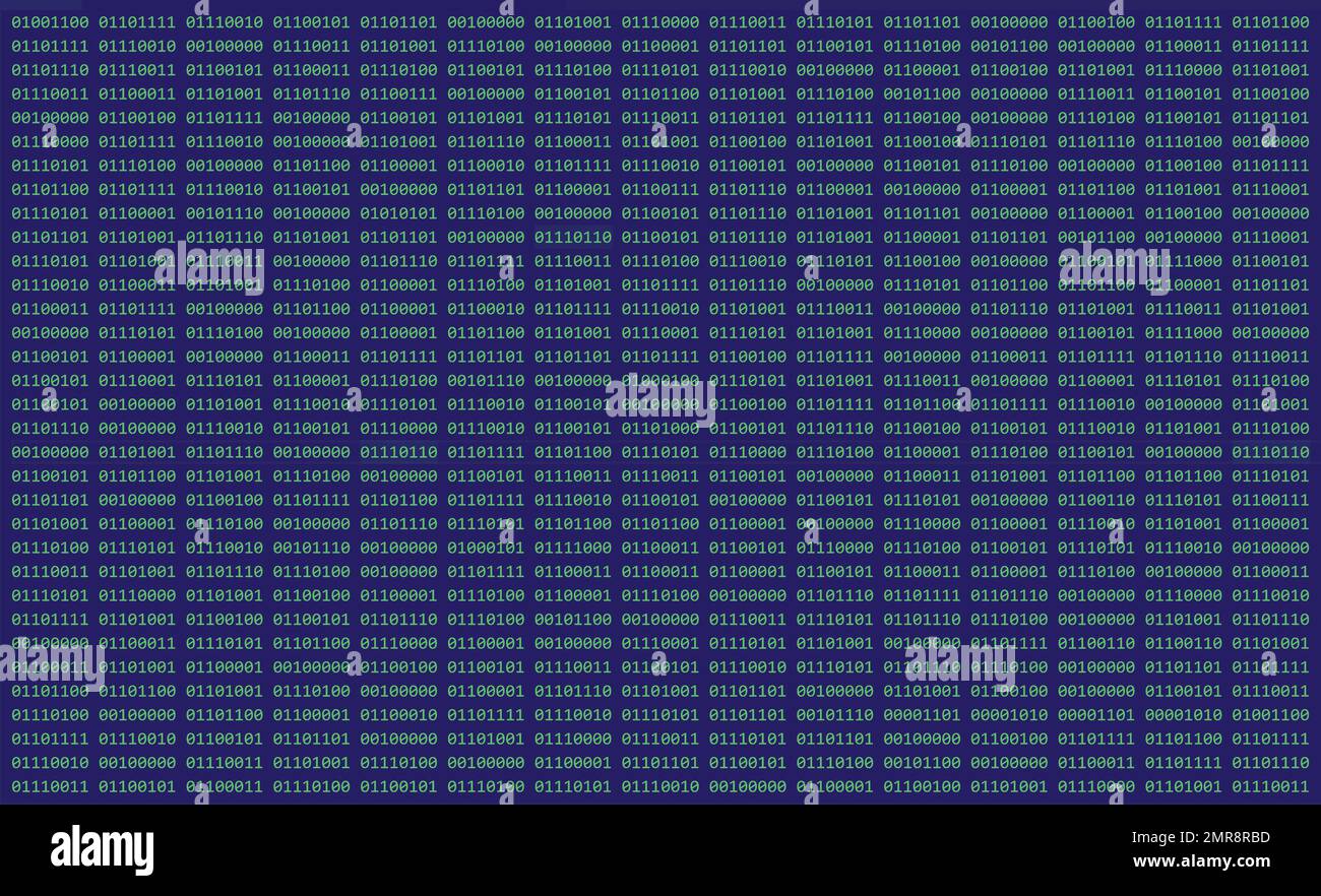 Codice binario di un computer e zeri visualizzati su uno schermo digitale con griglia di numeri verde e blu Foto Stock