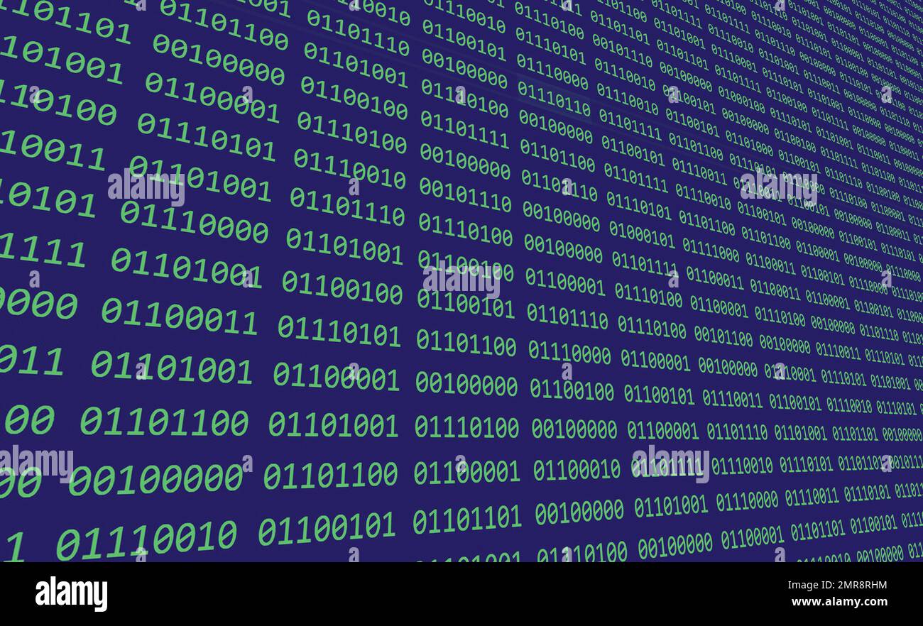 Codice binario di un computer e di zeri visualizzati su uno schermo digitale con griglia di numeri verdi e blu Foto Stock
