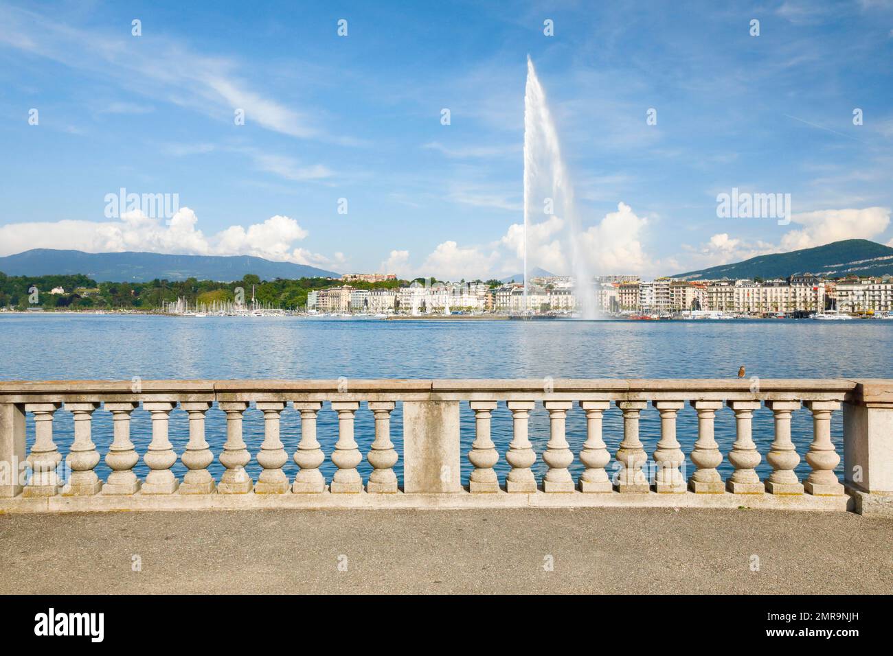 Il Jet deau, il punto di riferimento nel bacino del Lago di Ginevra, Cantone di Ginevra, Svizzera, Europa Foto Stock
