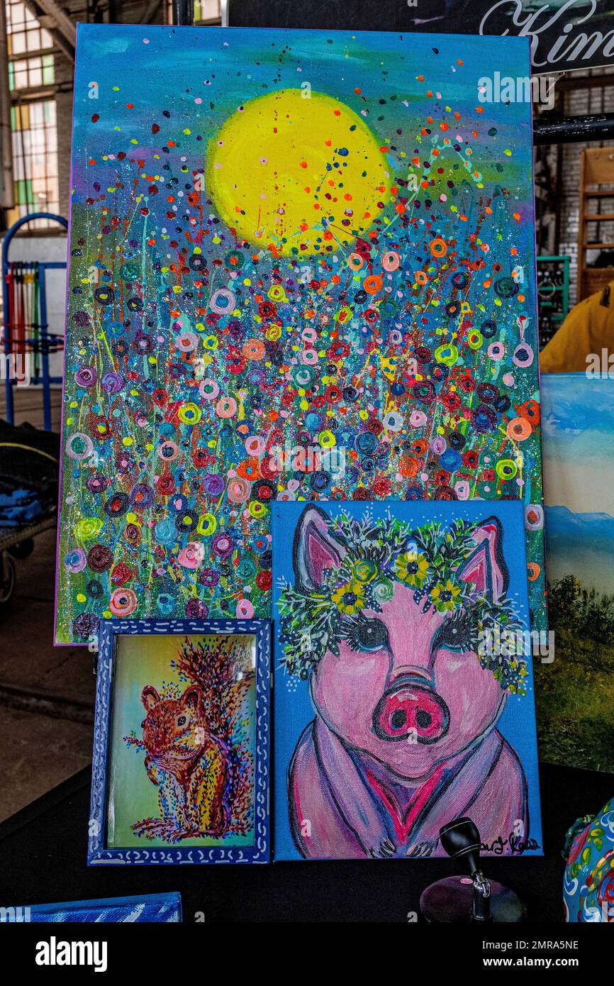 Merce in vendita al mercato ferroviario di Albuquerque, New Mexico Foto Stock