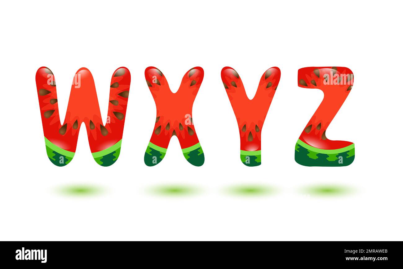 Alfabeto. Lettere W, X, Y, Z in cocomero. Cartoon alfabeto di frutta. Elemento di design estivo. Illustrazione del vettore stock isolato su sfondo bianco Illustrazione Vettoriale