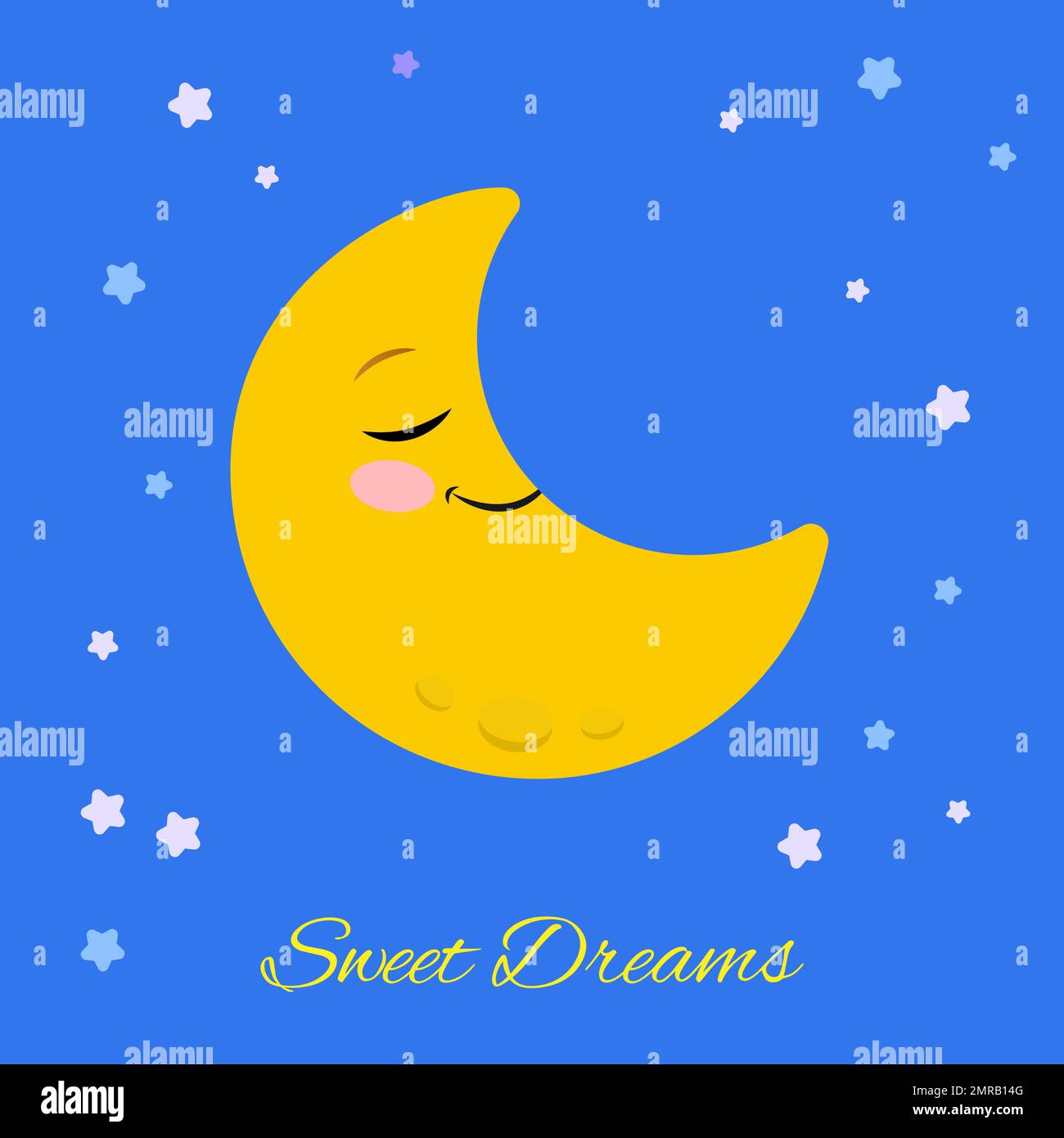 Sweet Dreams testo su sfondo blu con Luna di sonno sul cielo intorno alle stelle. Stampa biglietto d'auguri o banner carino. Illustrazione Vettoriale
