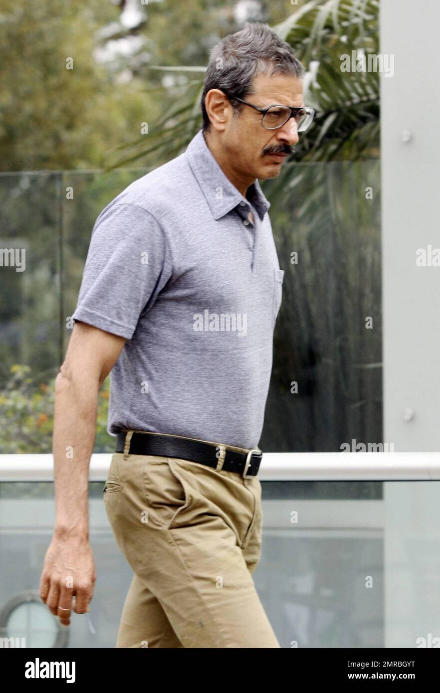 Jeff Goldblum mette a disposizione baffi e alcuni grandi bicchieri incorniciati durante una visita a una palestra locale. La stella del 'Jurassic Park', ora 58 anni, indossava i capelli, ora fioccati di grigio, in stile 'fauxhawk'. West Hollywood, California. 2/15/11. Foto Stock