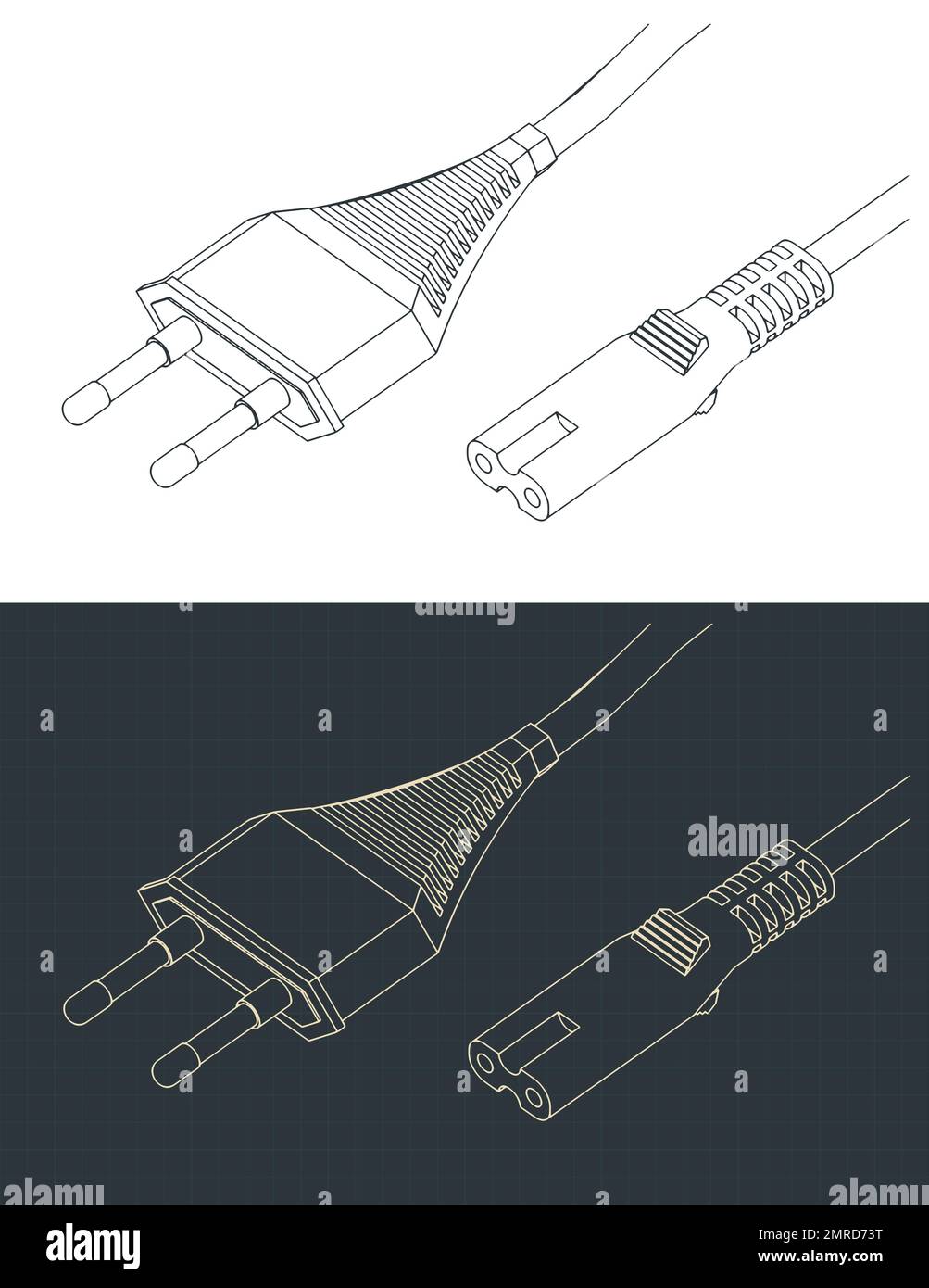 Illustrazione vettoriale stilizzata di disegni isometrici di due cavi di alimentazione a pinza Illustrazione Vettoriale
