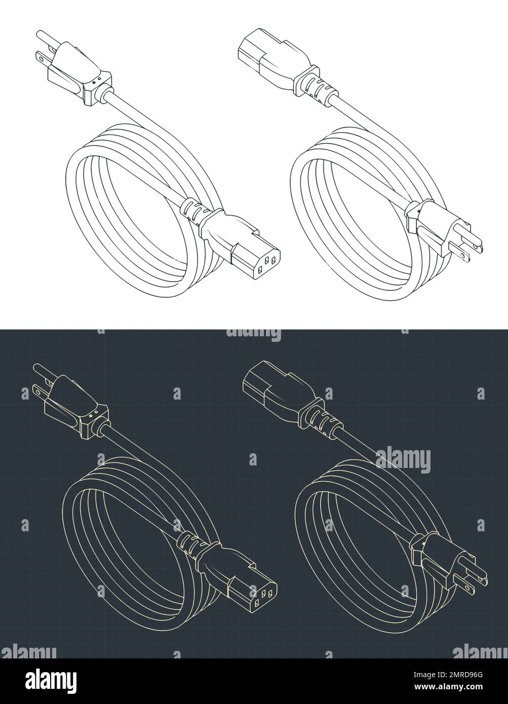 Illustrazione vettoriale stilizzata dei disegni isometrici del cavo di alimentazione standard statunitense Illustrazione Vettoriale